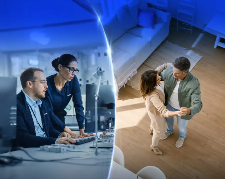 2 personas usando una computadora y una pareja bailando
