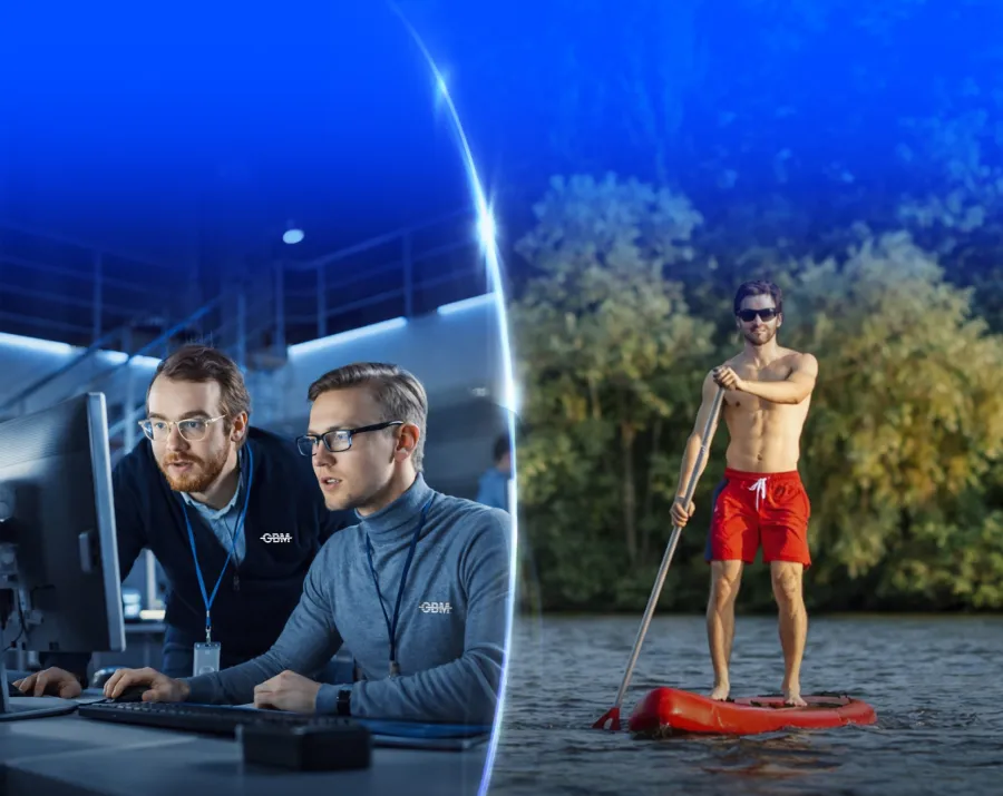 2 imágenes, la imagen del lado izquierdo 2 personas viendo una computadora, la imagen del lado derecho un hombre en el mar haciendo paddle surf o surf de remo