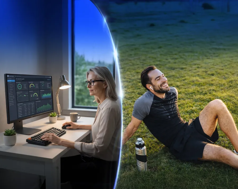 Mujer usando una computadora, y un hombre descansando