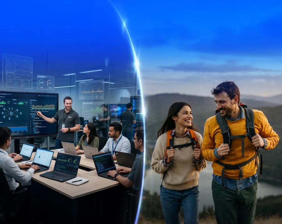 Un grupo de personas viendo una pantalla digital y una pareja caminando