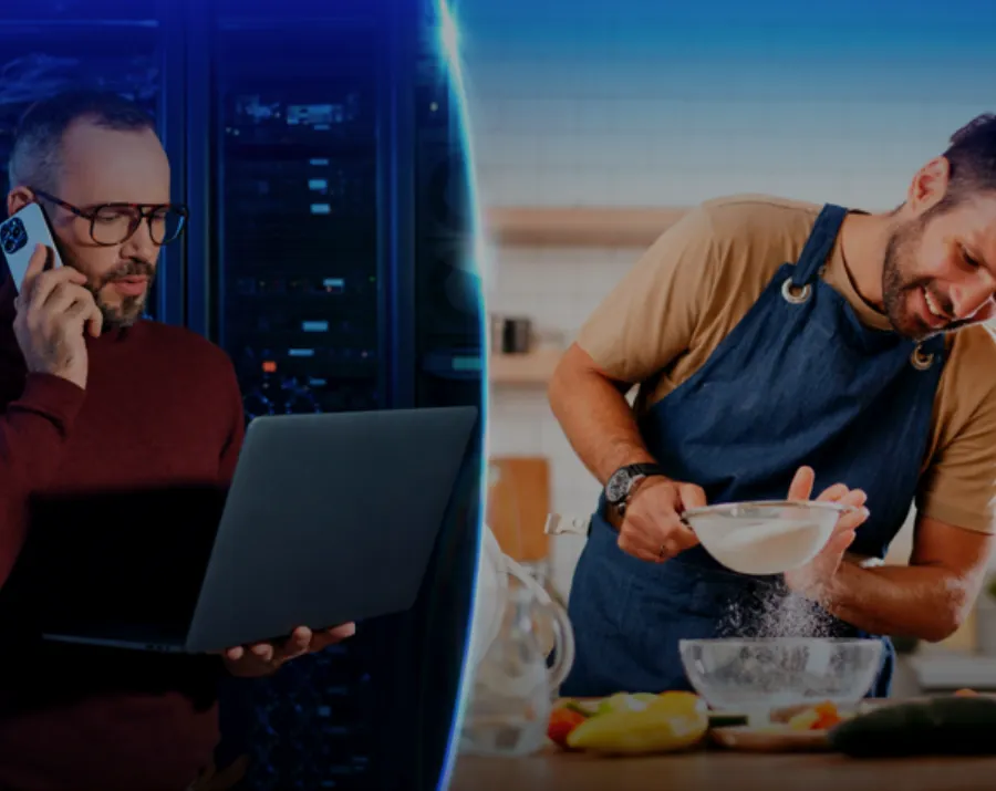 Un hombre hablando por teléfono y un hombre cocinando
