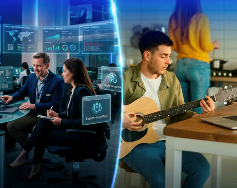 2 personas analizando datos y un hombre tocando guitarra