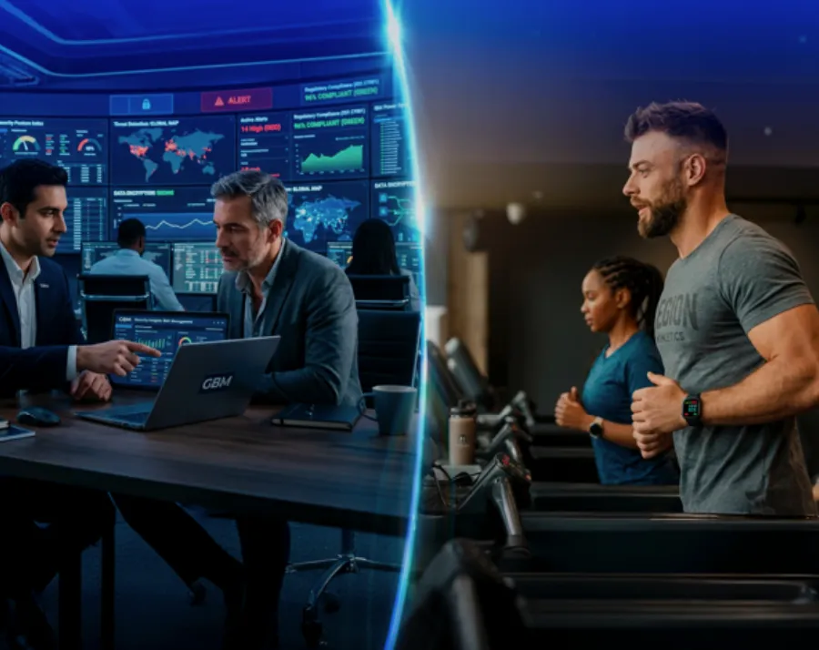 2 personas analizando datos y un hombre haciendo ejercicio