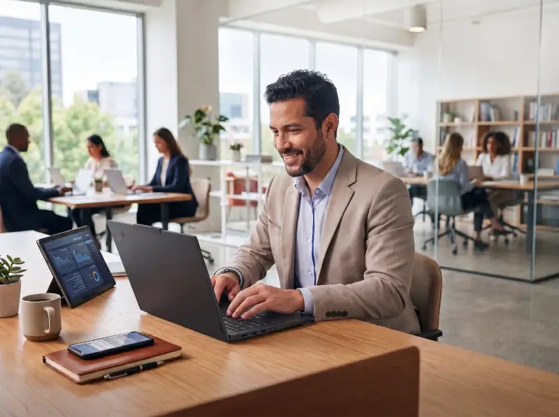 Hombre usando laptop Lenovo ThinkPad E14