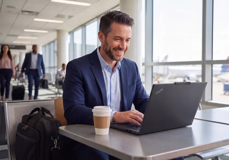 Hombre usando laptop Lenovo ThinkPad T14s